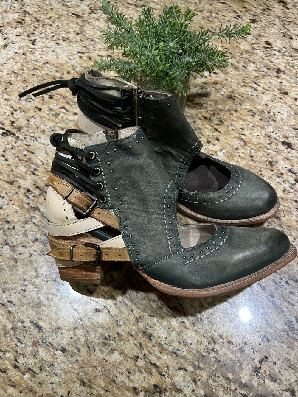 Freebird Desert Green Leather Lace-Up Ankle Boot with Stud Detail 11
